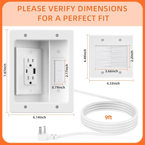 Vista 5 de Kit de organización de cables de pared con placa de pared de cepillo, salidas de CA y puertos USB-A+USB-C, cable de 9 pies, salida de pared