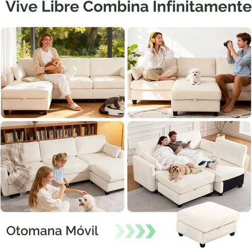 Vista 4 de Sofá modular de 109 pulgadas, sofá en forma de L con otomana de almacenamiento, cómodo sofá nube con asiento profundo, sofás seccionales Beige