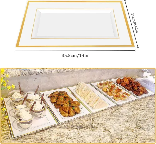 Vista 5 de Mwellewm 12 bandejas de plástico blanco para servir con borde dorado, bandejas rectangulares de postre de 14 x 9 pulgadas para mesa de postre