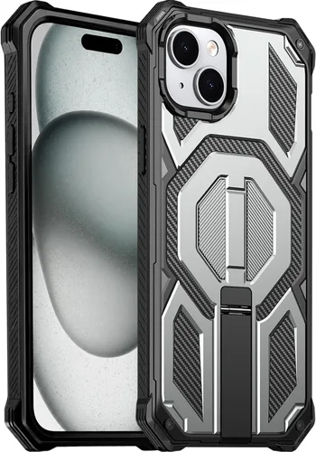 Vista 13 de Funda magnética para iPhone 15 con soporte y protector de pantalla [compatible con Magsafe] antideslizante, cuerpo completo, doble capa, resistente