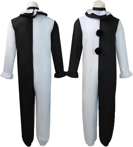 Vista 6 de ACEOROWO Terrifier - Disfraz de payaso negro y blanco, traje de asesino Terrifier para Halloween, con máscara