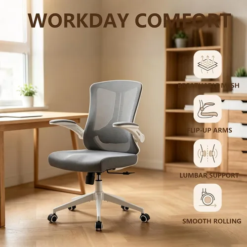 Vista 3 de Silla ergonómica de escritorio de oficina, silla de computadora de malla con ruedas giratorias de 360°, reclinación ajustable de 90-130° y soporte