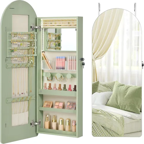 Vista 8 de SONGMICS Organizador ancho de joyas, armario LED para joyas montado en la pared/puerta, espejo arqueado con almacenamiento, con cerradura, esquina