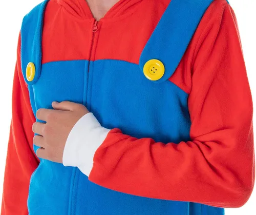 Vista 3 de Super Mario Bros. Disfraz de Mario de microforro polar de una pieza para hombre, traje de pijama de una pieza, Rojo