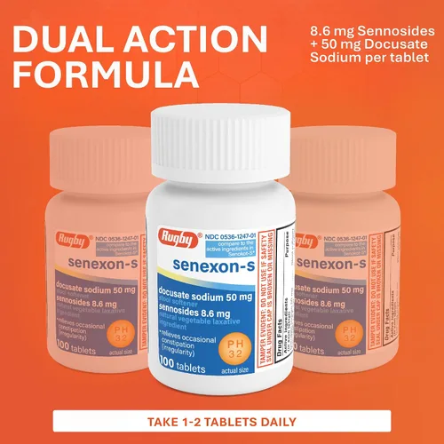 Vista 4 de Rugby Senexon-S - Ingrediente laxante vegetal natural más suavizante de heces, alivio del estreñimiento, Docusate Sodium 50 mg, senósidos 8.6 mg