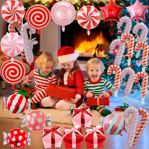 Vista 6 de Decoraciones de globos de bastón de caramelo de Navidad, 42 globos de papel de aluminio de bastón de caramelo con cinta, globo redondo de Mylar