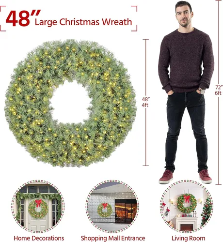 Vista 4 de Yaheetech 2 coronas artificiales grandes de Navidad de 48 pulgadas, decoración navideña preiluminada con lazo rojo, 200 luces LED y 720 puntas
