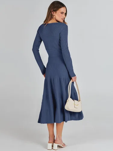 Vista 6 de ANRABESS Vestido midi cruzado tipo suéter para mujer, manga larga, cuello en V, cintura alta, acanalado, plisado, vestido acampanado