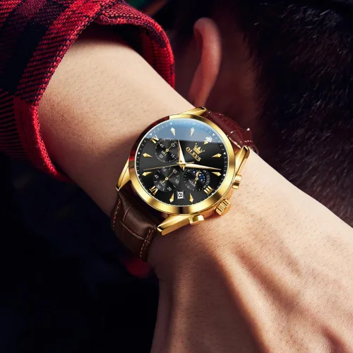 Vista 3 de OLEVS Reloj de cuarzo analógico de cuero para hombre - Reloj de pulsera cronógrafo de lujo con fecha, impermeable, luminoso - estilo de vestir