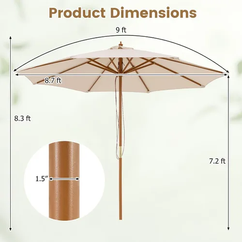 Vista 8 de HAPPYGRILL Sombrilla de patio de 9 pies, sombrilla de mercado para mesa al aire libre con 8 varillas de bambú resistentes, poste de madera, toldo