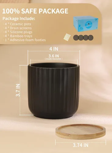 Vista 2 de Macetas pequeñas de 4 pulgadas para interiores, maceta de cerámica con orificio de drenaje y bandeja, maceta moderna con patrón vertical