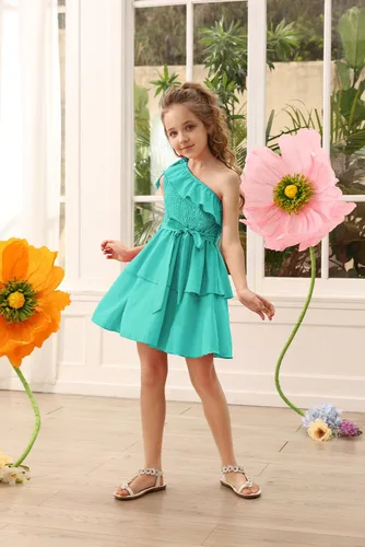 Vista 2 de Danna Belle Vestido de fiesta de verano para niñas, con un hombro, volantes, escalonado, ropa de regalo, tallas 5-14