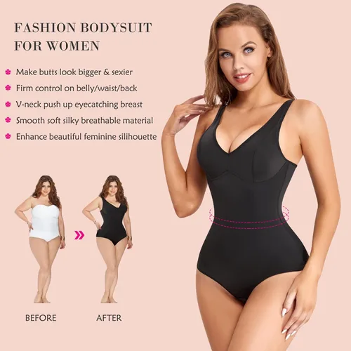 Vista 4 de Nebility Entrenador de cintura para mujer faja moldeadora de cuerpo sexy cuello en V profundo tanga con control de abdomen