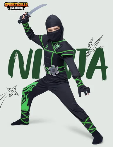 Vista 2 de Spooktacular Creations Disfraz de ninja para niños, conjunto de lujo de Ninja muscular, disfraz unisex de Kungfu de Halloween con accesorios de Verde