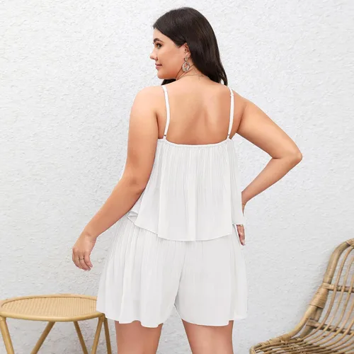 Vista 2 de EXLURA Overol corto de verano para mujer, talla grande, cuello cuadrado, volantes, tirantes delgados, plisado, sin mangas, con vuelo