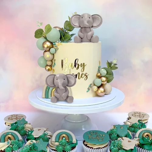 Vista 6 de 26 piezas de decoración de pasteles de elefante, bolas de perlas, palillos para pasteles, hojas de eucalipto, decoración de pasteles de elefante