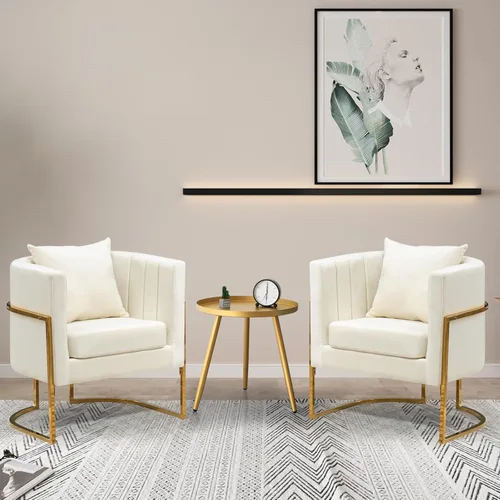 Vista 32 de Silla moderna de cuero, sillón tapizado de mediados de siglo con almohada para sala de estar, cómoda silla de tocador individual con patas doradas
