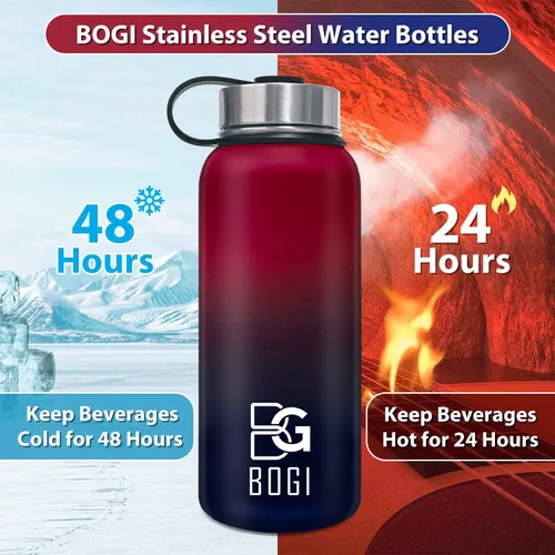 Vista 4 de BOGI Botella de agua aislada de 40 onzas, paquete de 2 botellas de agua de acero inoxidable al vacío de doble pared con popote y 3 tapas, botella