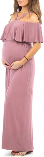Vista 3 de Mother Bee Maternity - Vestido de maternidad con volantes y hombros descubiertos