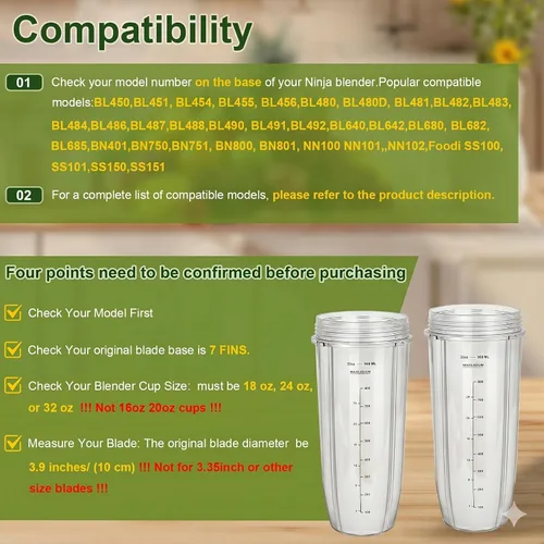 Vista 3 de Pieza de repuesto para licuadora Nutri Ninja, paquete de 2 vasos de repuesto de 32 onzas compatibles con licuadoras Nutri Ninja Auto-iQ Series