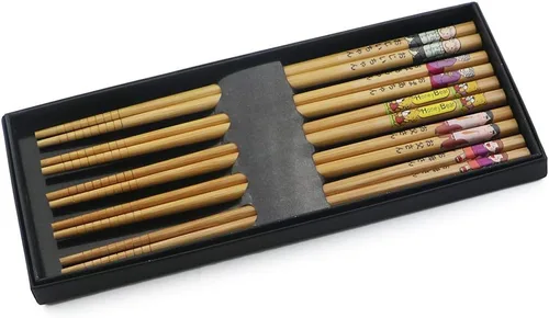 Vista 8 de Juego de 5 pares de palillos de bambú, reutilizables, estilo japonés, antideslizantes, juego de palillos clásicos de bambú natural, aptos