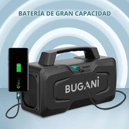 Vista 5 de BUGANI Altavoz Bluetooth, potente altavoz inalámbrico portátil de 80 W IPX7 impermeable, altavoces fuertes para exteriores con mango de 24 horas