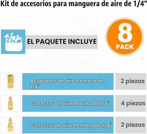 Vista 2 de SUNGATOR 8 piezas de accesorios de manguera de aire NPT de 1/4 pulgadas, accesorios de conexión rápida de línea de aire de latón macizo de 1/4