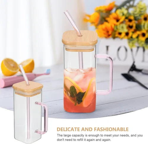 Vista 6 de Hemoton Beber con tapa de bambú y juego – Taza cuadrada de 13.5 oz (13.5 fl oz) con asa, vasos de café helado (rosa)