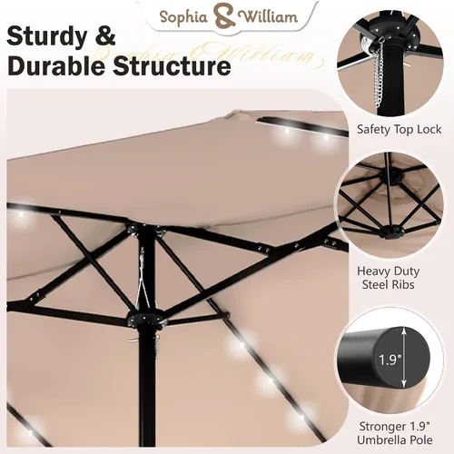 Vista 4 de Sophia & William Sombrilla de patio extragrande de 15 pies con luces solares, sombrilla rectangular para exteriores con base incluida, sombrilla