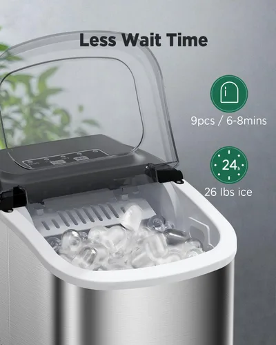 Vista 3 de Máquinas de Hielo de Encimera Silonn, 9 Cubos Listos en 6 Minutos, 26 libras en 24 Horas, Máquina de Hielo Autolimpiante con Pala para Hielo