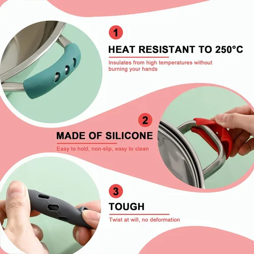 Vista 3 de 2 fundas de mango de silicona de 3 x 0.8 pulgadas, fundas de mango de sartén de hierro fundido, aislantes de calor, funda antideslizante para Rojo
