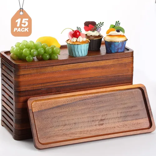Vista 9 de Skylety Paquete de 15 bandejas de madera maciza para servir grandes de acacia para fiestas, tablero rectangular de charcutería con mango ranurado