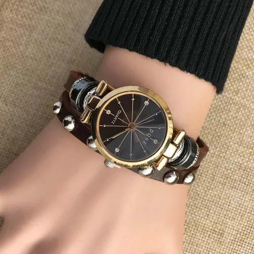 Vista 2 de Reloj de pulsera de moda para mujer y niña con correa de cuero genuino regalo