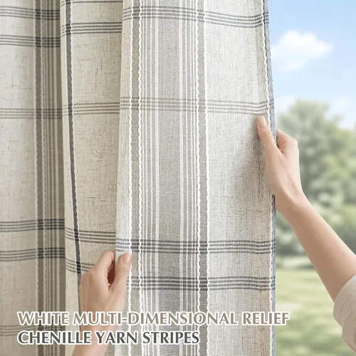 Vista 5 de DriftAway Cortinas de felpilla de lino a cuadros 100% opacas de 96 pulgadas Beige