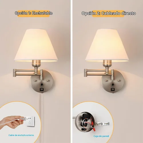 Vista 7 de Apliques de pared con brazo oscilante, lámpara de pared enchufable, lámpara de pared para dormitorio, pantalla de tela blanca, con interruptor Níquel