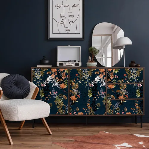 Vista 5 de VEELIKE Papel tapiz floral de prado azul medianoche para despegar y pegar, papel tapiz floral de flores silvestres, 17.7 x 118 pulgadas, papel