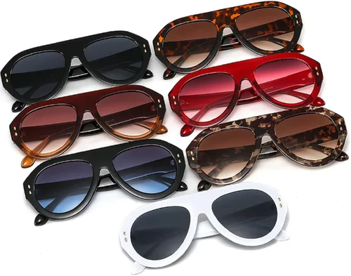 Vista 5 de Gafas de sol de piloto de moda populares para mujer, sombras UV400 Remaches retro decoración gradiente tendencia hombres gafas de sol redondas Rojo