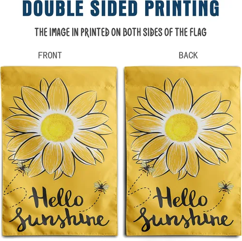 Vista 4 de Bandera de Jardín Hello Sunshine con Abeja y Girasol, Banderas de Jardín de Verano para Exteriores, Bandera de Flores Amarillas 12x18 pulgadas Doble