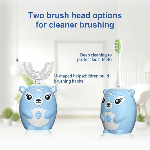 Vista 3 de Cepillos de dientes eléctricos en forma de U para niños, cepillo de dientes automático sónico de dibujos animados ciervos (azul 2-6 edad)
