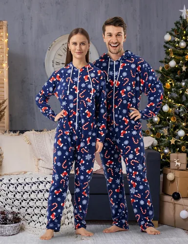 Vista 4 de SUNNYBUY Conjunto de pijama de Navidad a juego para parejas para adultos, de una pieza, para él y para ella, para hombres y mujeres