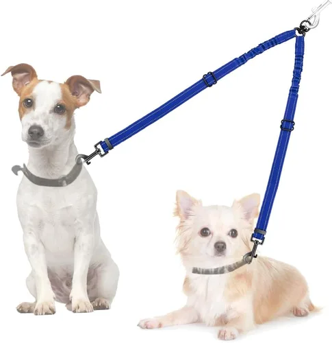 Vista 13 de Correa doble para perros, sin enredos, rotación giratoria de 360°, reflectante, con extensión de bungee, divisor para dos perros, cómoda