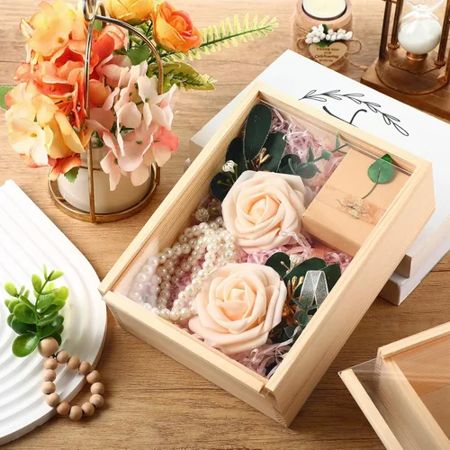 Vista 5 de Thyle 6 cajas de madera sin terminar con tapas acrílicas, pequeñas cajas de madera sin terminar, regalo para manualidades, suministros de flores