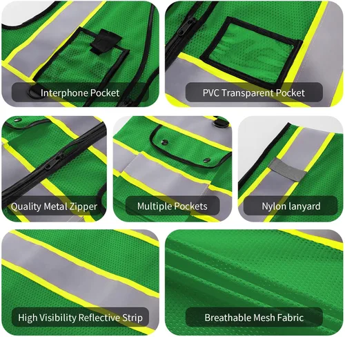 Vista 5 de Chaleco Reflectante Clase 2 de Seguridad ANSI con Bolsillos y Cremallera de Alta Visibilidad Uniforme de Construcción K-verde-1pack-custom