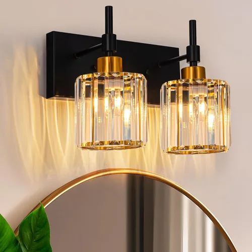 Vista 10 de Lámparas de baño doradas, 2 lámparas de tocador de cristal para baño, luces modernas de latón sobre espejo