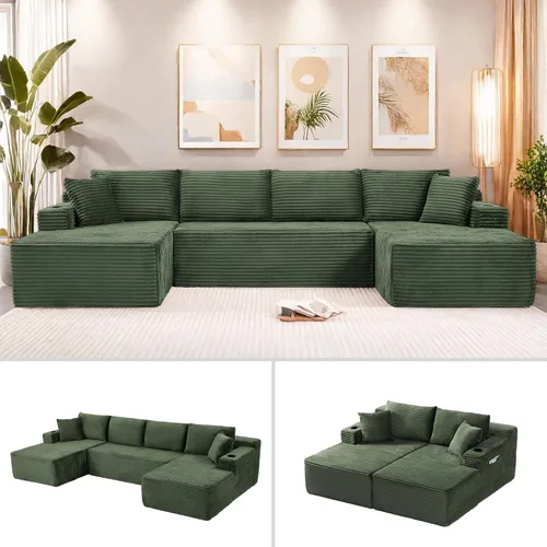 Vista 17 de Sofá cama modular en forma de U de 141.73 pulgadas, sofá de pana modular 6 en 1 con sensación suave como una nube, bolsa de almacenamiento