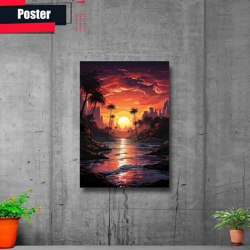 Vista 2 de Neon Sunset Vibes Florida Synthwave Sunset Framed poster Print, Retro Miami Style Wall Art, poster, Home Decor