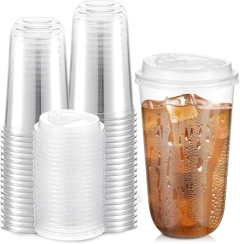 Vista 15 de Baderke Juego de 25 vasos de plástico transparente de 14 onzas con tapas, tazas de café helado resistentes con tapas, vasos de plástico desechables