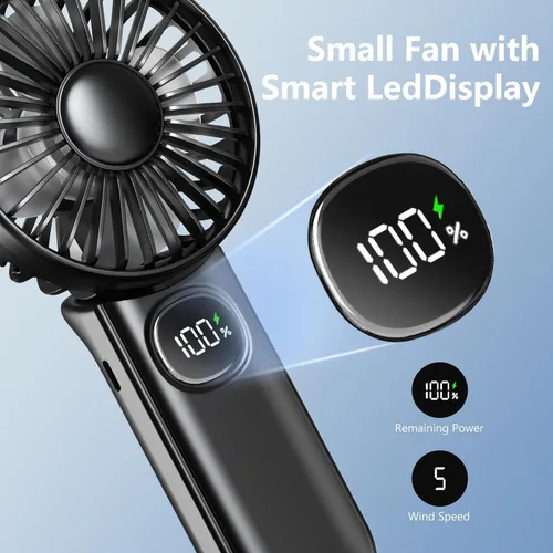 Vista 4 de Ventilador portátil, paquete de 2 ventiladores de mano, ventilador de mano plegable de 180° con cordón, ventilador personal pequeño de 5 velocidades
