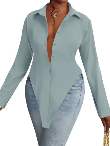 Vista 13 de OPOIPIN Blusa de manga larga con cuello en V para mujer, con botones, dobladillo con abertura