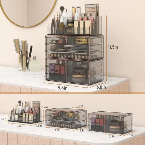 Vista 2 de Delamu Organizador de maquillaje de 3 niveles y 6 cajones para encimera, organizador de cosméticos para tocador y tocador, organizador de baño, Negro